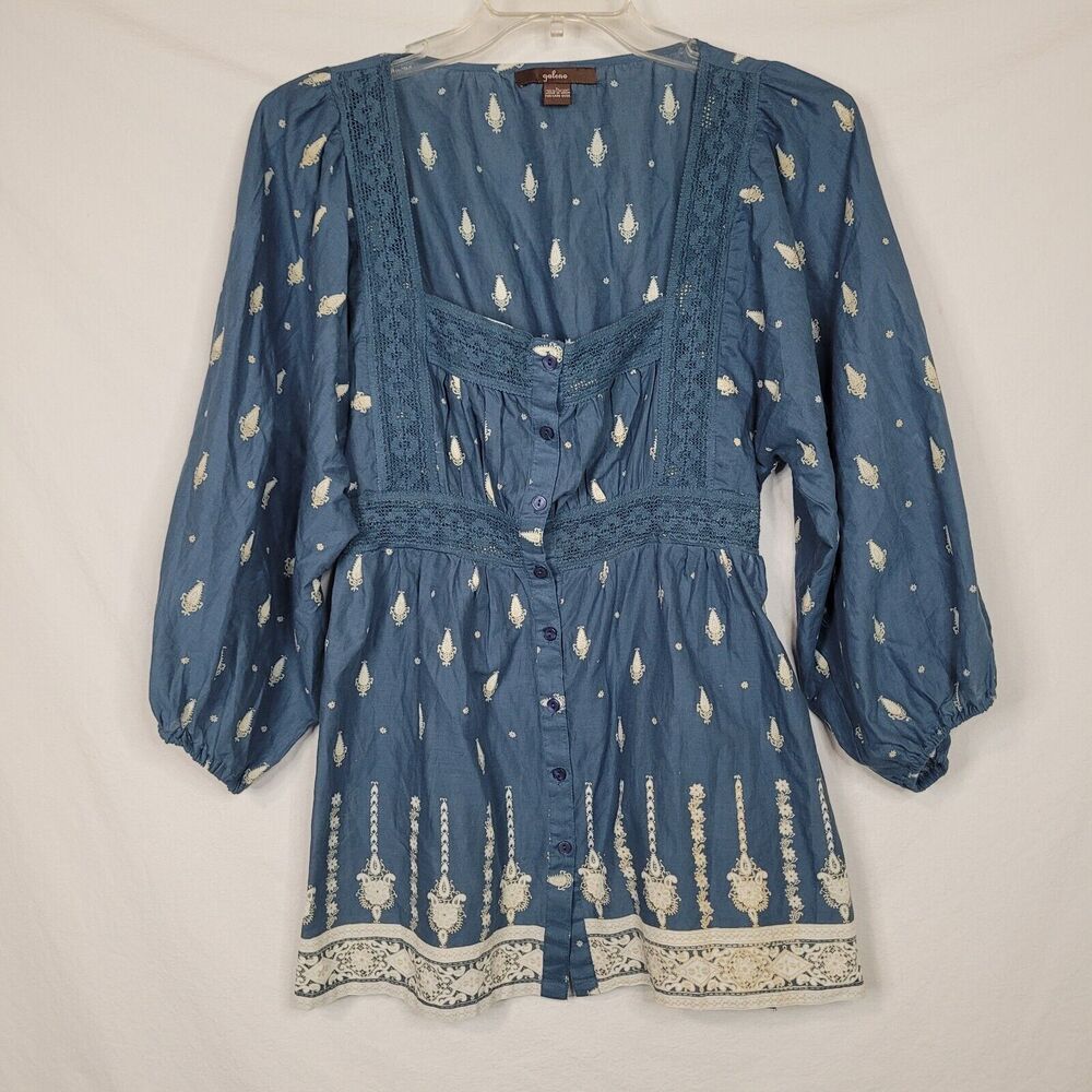 Galeno Blue & White Renfaire Peasant Top Balloon Sleeve Cotton Blouse Size Large